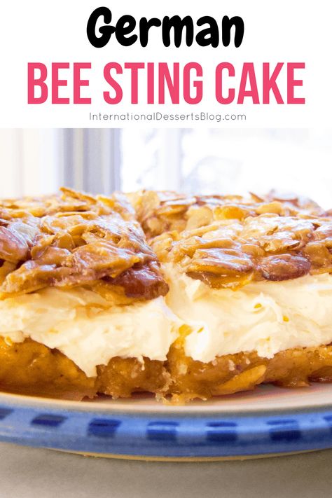 This authentic German "Bee Sting" cake recipe is one of my all time favorites! It's an easy traditional cake to make. You'll love the honey almond topping, the creamy vanilla cream filling, and the yeast cake layers! It's a delicious cake for Christmas Eve, Christmas Day, holiday party, birthday or afternoon coffee and cake! Anytime I make it, this Bienenstich Cake flies off the plate and there are never any leftovers. Bienenstich Kuchen looks impressive but it's actually very easy to make. German Pie, Bee Sting Cake Recipe, German Bee Sting Cake, Bienenstich Recipe, Yeast Cake, Bee Sting Cake, German Food Authentic, Vanilla Cream Filling, German Bread