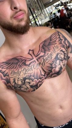 Mens Center Chest Tattoo, Leg Lettering Tattoo Men, Follow God Tattoo, Cheat Pieces For Men Tattoo, Chest God Tattoo, One Side Chest Tattoo Men Ideas Unique, Only God Can Judge Me Tattoo Stencil, Whole Chest Tattoo For Men, God Chest Tattoo Men