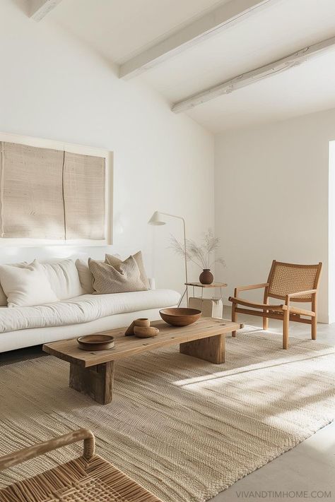 Minimalist living room decor with white walls, jute rug, white sofa, and wood coffee table Small Living Room Minimal, Cozy Aesthetic Living Room, Aesthetic Living Room Decor, Minimalist Living Room Ideas, Minimal Living Room, Minimalist Living Room Decor, Aesthetic Living Room, Small Living Room Ideas, Warm Decor