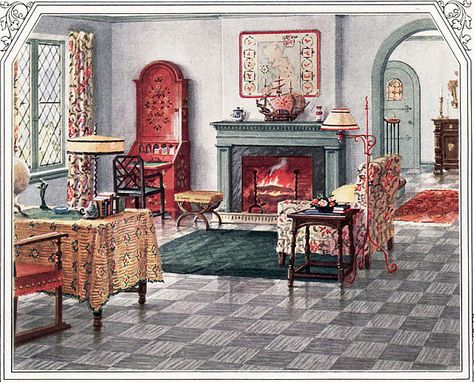 dig this crazy color scheme in a 1920s house 1920s House Interior, 1920s House Interior Design, 1920s Home Interior, 1920s Living Room, 1920s Furniture, 1920s Home Decor, 1920s Interior, Sala Vintage, 1920s Decor