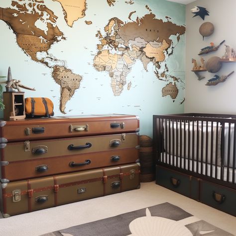 Inspire your baby boy's adventurous spirit with an exploration-themed nursery. World map wall art, vintage suitcases as storage, and travel-themed decor set the stage. Opt for earthy tones and incorporate globes and compasses into the design. Travel Room Theme, Atlas Nursery, Travel Baby Room, Travel Nursery Theme, Adventure Baby Room, Travel Baby Nursery, Adventure Room Decor, Adventure Nursery Theme, World Traveler Nursery