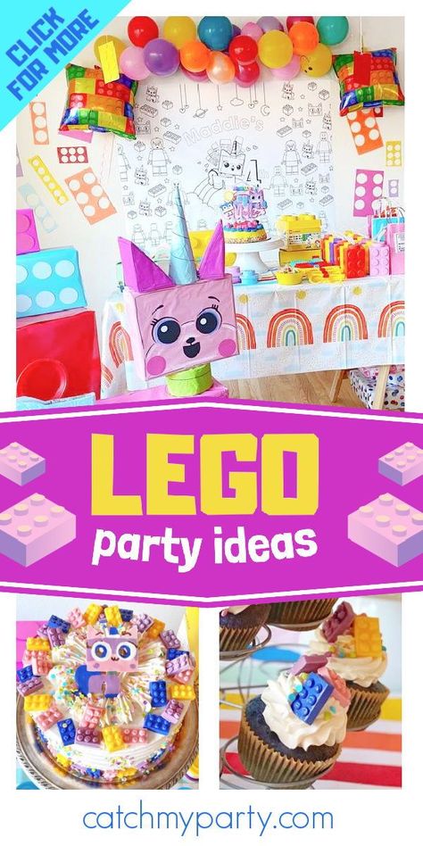 Princess Lego Birthday Party, Lego Birthday Party Girl, Birthday Theme For 7 Year Girl, Girl Lego Birthday Party, Lego Girls Birthday Party, Girls Lego Party, Lego Party Ideas, Lego Dog, Lego Girls