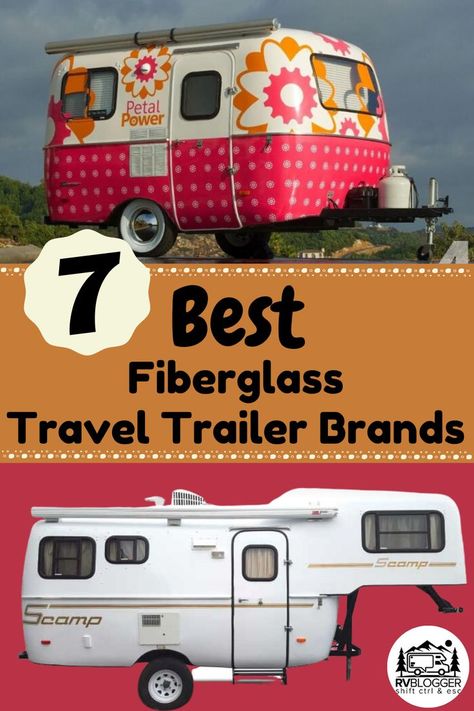 Fiberglass travel trailers have a sleek, aerodynamic shell RV exterior. Though they are a small, lightweight camper, they are well insulated and handle extreme weather conditions well. Check out this review of the 7 best fiberglass travel trailer brands, like  Airstream and Oliver, and get great tips about fiberglass campers and RV education. #rvblogger #smallcamper #airstream #oliver #traveltrailer #fiberglasscampers #fiberglasstraveltrailer #lightweighttrailer #rvtips Campers And Rv, Casita Travel Trailers, Fiberglass Camper, Scamp Trailer, Lightweight Campers, Travel Trailer Organization, Best Travel Trailers, Lightweight Trailers, Small Camper Trailers