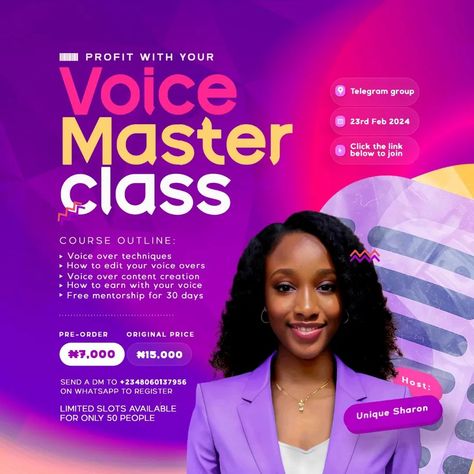 A virtual voice over training Flyer design for @iamuniquesharon Tool: PS 2020 Need a flyer design for your upcoming training? Send a DM today, let's get started. Follow @the.elite.designer for more contents and design inspiration. #explore #explorepage✨ #graphicdesign #flyerdesign #voiceover #voiceoverartist #socialmediamarketing #viral Training Flyer Design, Lets Get Started, Graphic Design Services, Ad Design, Flyer Design, Instagram A, Social Media Marketing, The Voice, Get Started