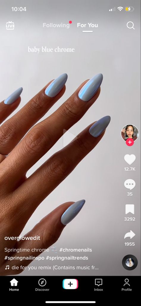 Light Blue Hoco Nails, Hoco Nails Almond, Blue Hoco Nails, Baby Blue Chrome Nails, Baby Blue Chrome, Acrylic Nails Light Blue, Bridal Shower Nails, Powder Blue Nails, Blue Wedding Nails