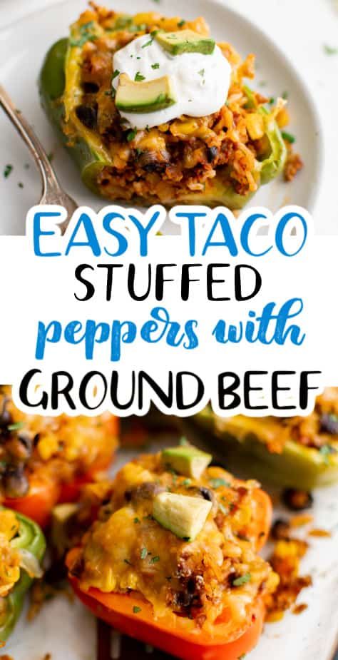 These Taco Stuffed Peppers are the perfect easy, hearty, and delicious dinner option. Perfectly roasted peppers are stuffed full of savory taco seasoned beef, onions, garlic, black beans, corn, and jalapeño and covered in melty, gooey cheese! Stuffed Peppers With Ground Beef, Stuffed Peppers Beef, Taco Stuffed Peppers, Black Beans Corn, Taco Seasoning Recipe, Taco Fillings, Fried Beef, Beef Enchiladas, Easy Taco