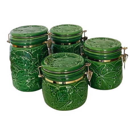 Andrea by Sadek Green Vintage Kitchen Storage Jars - Set of 4 Fantasy Kitchen Decor, Cottage Core Kitchen Decor, Green Vintage Kitchen, Cottagecore Items, Green Kitchen Aesthetic, Golden Beetle, Kitchen Cottagecore, Trailer Inspiration, Vintage Kitchen Storage