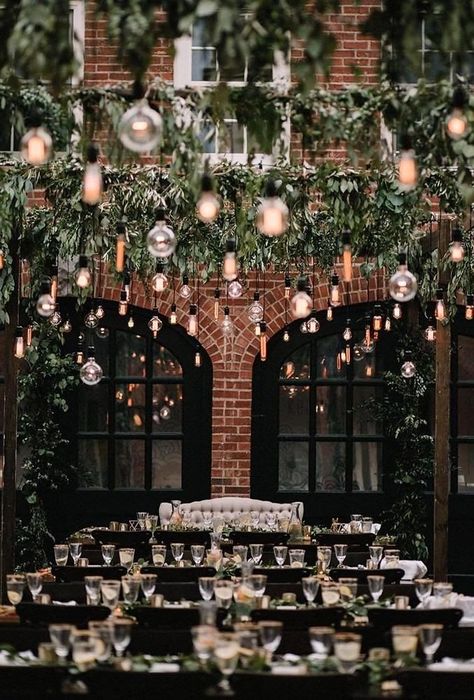 industrial wedding decor wedding light in reception decor brightwoodphoto Xari Bulbul, Industrial Wedding Reception, Deer Flowers, Fall Greenery, Industrial Wedding Decor, Hanging Greenery, Lighting Wedding, Wedding Reception Lighting, Pearl Flowers