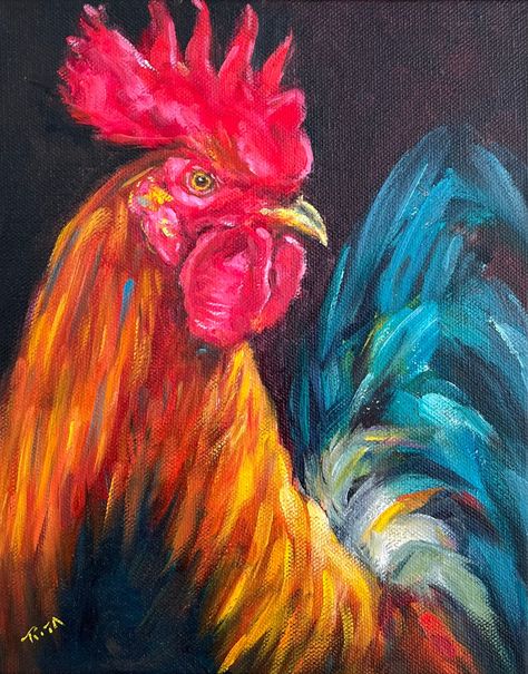 "\"Rooster in Splendor\" - This stunning oil portrait of a rooster is a must-have for any collector of farm animal art. The rooster is depicted in a dynamic pose, looking to the right and displaying its colorful tail feathers. I used a bold palette of red, orange, green, and blue to create a truly eye-catching painting. The black background sets off the rooster's plumage perfectly, creating a dramatic and striking effect. The painting is also notable for its excellent composition. The rooster is Rooster Painting Acrylic Easy, Chicken Pictures Art, Painting Chickens, Contrast Highlights, Chicken Paintings, Rooster Artwork, Farm Animal Art, Ar Art, Farm Animal Paintings