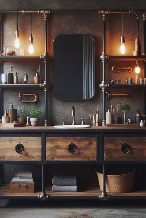 Embrace the industrial trend with this unique vanity. Metal pipes and wooden shelves combine for the ultimate urban look. #IndustrialVanity #UrbanDecor Industrial Vintage Bathroom, Industrial Bathroom Ideas, Bathroom Vanity Trends, Unique Vanity, Industrial Vanity, Bathroom Makeovers, Vanity Makeover, Best Bathroom Vanities, Creative Bathroom