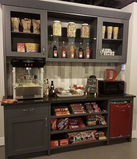 Theater Snack Bar, Media Room Ideas Theatres, Home Theater Snack Bar, Movie Theater Rooms, Theater Room Design, Movie Room Decor, Basement Decorating, Home Cinema Room, Diy Basement