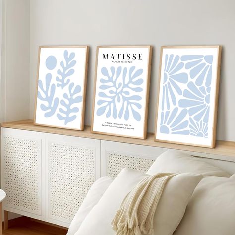 PRICES MAY VARY. Matisse Abstract Flower Wall Art: This set of 3 Henri Matisse poster prints artworks features minimalist lines, light blue flowers, and a white background. The inclusion of natural elements, such as flowers and plants, creates a serene and harmonious aesthetic that adds a touch of artistic elegance to any space. SIZE: Each piece in this boho minimalist floral canvas posters set measures 12x16 inches (30x40 cm). High-Quality Prints: Our set of 3 matisse blue wall art is crafted f Pictures For Room, Minimalist Pictures, Blue Matisse, Surf Room Decor, Matisse Abstract, Blue Room Decor, Flower Minimalist, Matisse Wall Art, Wall Decor Aesthetic