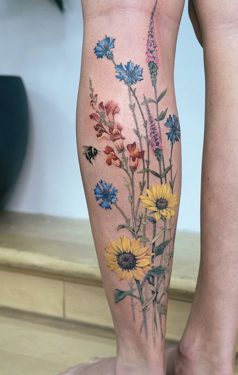 Leg Tattoos Color, Gardening Tattoos For Women, Floral Garden Tattoo, Wild Flower Tattoo Thigh, Flower Leg Tattoos Women Color, Wildflower Leg Sleeve, Flower Shin Tattoo, Wild Flowers Hip Tattoo, Flower Calf Tattoo