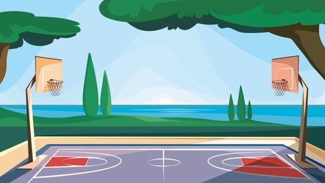 Basketball Court Cartoon, Basketball Background Landscape, Basketball Court Landscape, Campo Basket, Basketball Court Drawing, Basketball Court Illustration, Basketball Landscape, Court Drawing, Family Drawing Illustration