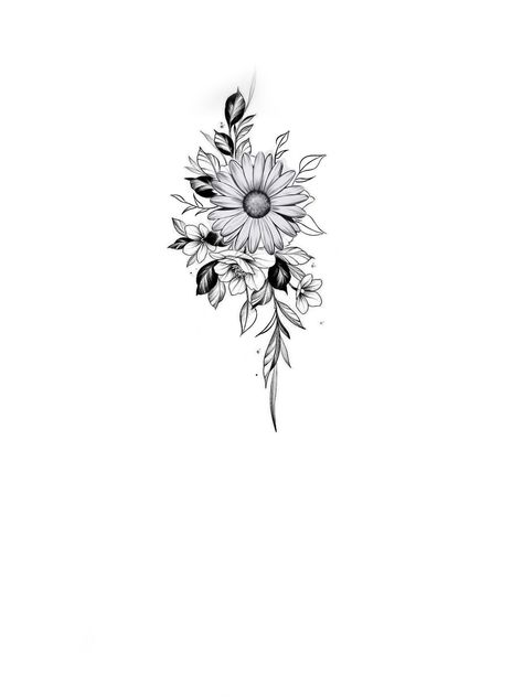 Dazy Flower Tattoo, Half A Sunflower Tattoo, Leaves Drawing Tattoo, Daisy Tattoo Designs Vintage, Side Wrist Tattoos For Women Unique, Sunflower Sternum Tattoo, Unique Sunflower Tattoos For Women, Half Sunflower Tattoo, Adele Tattoo