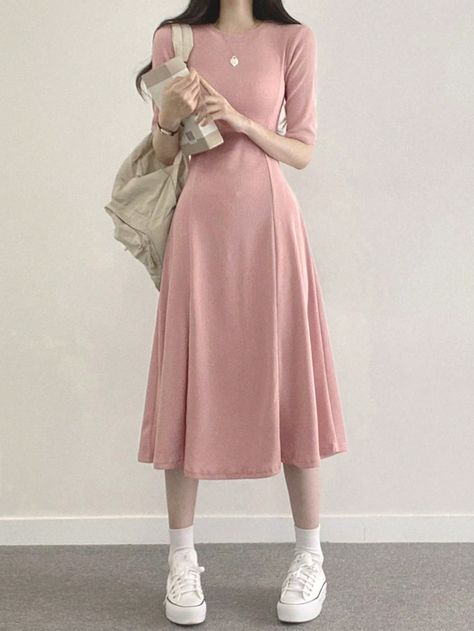 Pink Casual Collar Half Sleeve Fabric Plain A Line Embellished Medium Stretch  Women Clothing Blush Dress Outfit, Pastel Dress Outfit, Simple Modest Outfits, Pink Dress Outfit Casual, Blush Pink Outfit, Long Winter Dresses, One Piece Frock, Plain Dress Casual, Pastel Pink Dress