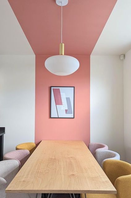 Dining Wall Decoration, Accent Ceiling Living Room, Colour Blocking Open Plan, Color Block Dining Room, Feature Wall And Ceiling Same Colour, Block Colour Wall, Painting Bottom Half Of Wall, One Side Wall Painting Ideas, Color Block Wall Behind Tv