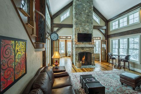 the Ironwood living room is a post and beam wonder! Visit us to see more on this amazing home. Post And Beam Great Room, Yankee Barn Homes, Post And Beam Home, Contemporary Entryway, Contemporary Stairs, Barn Houses, House Staircase, Barn Living, Contemporary Villa