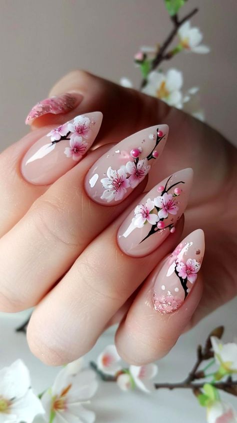 Are you looking for some inspiration for your spring manicure? Click save on this pin, to keep this beautiful cherry blossom themed manicure for your next trip to the nail salon. Click to see more cherry blossom themed nail art designs. Cherry Blossom Nails Design, Cherry Blossom Nails Art, Spring Manicure, Pastel Nail Art, Pink Nail Art Designs, Cherry Blossom Nails, Simple Spring Nails, Small Nails, Korean Nail Art