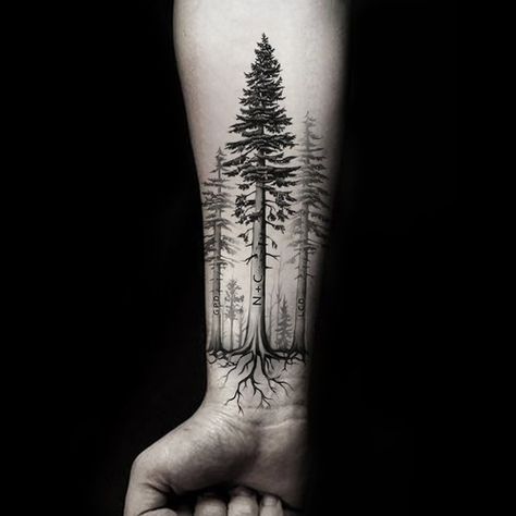 Tree Tattoo Arm Sleeve, Mountain Sleeve Tattoo, Natur Tattoo Arm, Trees Tattoo, Tree Sleeve Tattoo, Wood Tattoo, Tree Tattoo Men, Cream Tattoo, Forest Tattoo