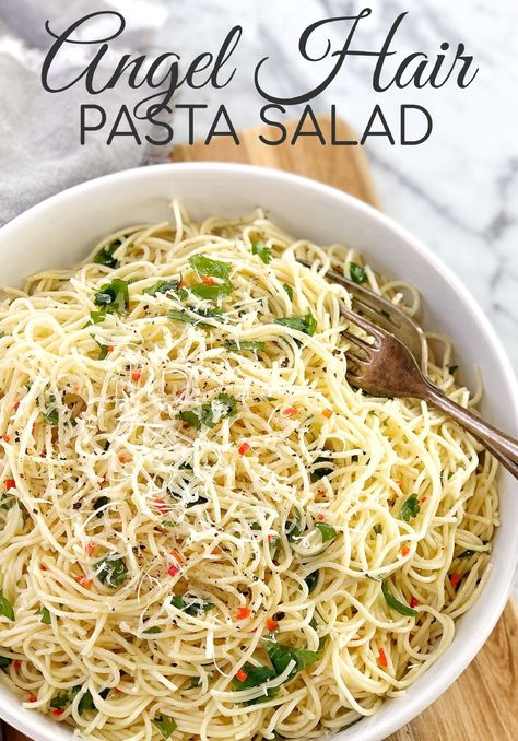 This easy spaghetti salad is made with angel hair pasta salad makes a great summer side dish. Served cold, it's great to make ahead and really simple to make! #chefnotrequired #angelhairpasta Angel Hair Pasta Salad Recipes, Pasta Salad Without Mayo, Angel Hair Pasta Salad, Pasta Cold, Cold Pasta Recipes, Spaghetti Pasta Salad, Angel Hair Pasta Recipes, Shell Pasta, Cold Pasta Salad Recipes