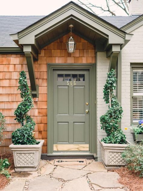 Front Door Transformation, Portico Entry, Portico Design, Victorian Front Doors, Tan House, Cottage Front Doors, Best Front Doors, Green Front Doors, Beautiful Front Doors