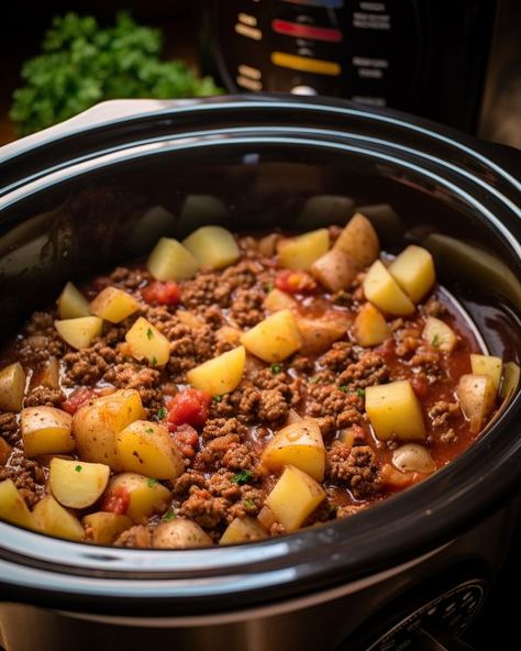 If there were a dish I could eat over and over again, this would be it Crockpot Recipes For Beef, Crockpot Recipes Ground Beef Healthy, Hamburger Beef Stew Crockpot, Ground Meat Recipes Crockpot, Unusual Crockpot Recipes, Dry Beef Recipes, Crockpot Recipes Using Ground Beef, Big Pot Meals, Cooking For 2 Recipes Main Dishes