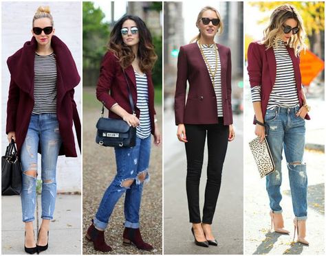 Outfit Planning: Burgundy Jacket 4 Ways | On the Daily EXPRESS Maroon Blazer Women, Burgundy Blazer Outfit Woman, Maroon Blazer Outfit, Burgundy Leather Jacket Outfit, Burgundy Blazer Outfit, Burgundy Jacket Outfit, Blazer Outfits Women, Female Blazer, Blazer Outfit Ideas