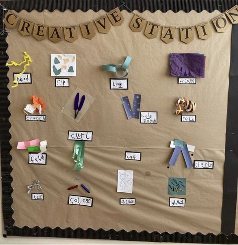 Vocabulary Display Eyfs, Creation Station Eyfs, Art Area Display Eyfs, Creative Area Display Eyfs, Literacy Areas Early Years, Foundation Stage Classroom, Craft Area Eyfs, Early Excellence Classroom Year 1, Creative Area Eyfs Ideas