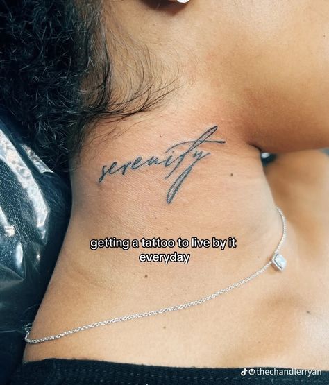 One Word Tattoos Black Women, Dainty Neck Tattoo Words, Small Tattoo Ideas Chest, Neck Tattoos Women Words, Meaningful Word Tattoos For Women, Neck Small Tattoo, Princess Tattoo Writing, Tattoo Ideas Female Black Women, Cursive Neck Tattoo