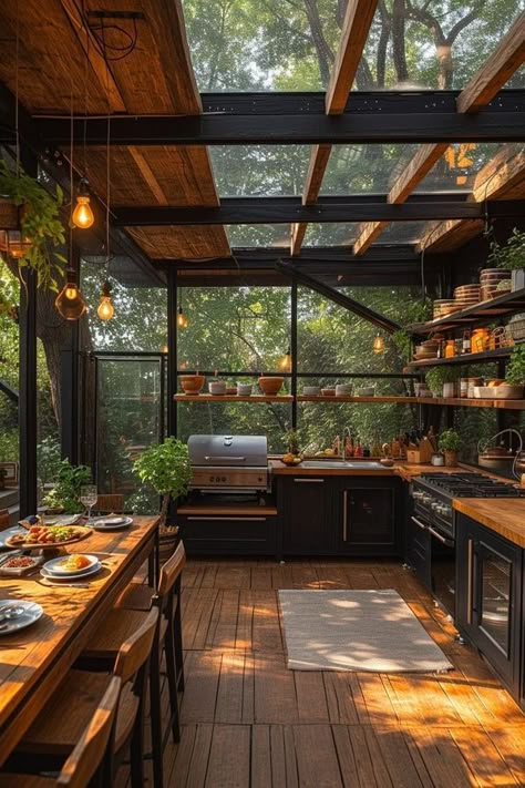 Garden House Kitchen, Contemporary Farmhouse Decor, Greenhouse Kitchen, Forest Kitchen, Rustic Outdoor Kitchens, Indoor Outdoor Kitchen, Modern Outdoor Kitchen, Outdoor Kitchen Plans, Casa Country