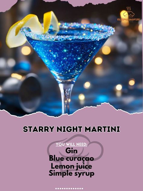 🌌 Starry Night Martini: A celestial blend that's out of this world! 🌟🍸 #StarryNightMartini #CelestialSips Starry Night Martini Ingredients: Gin (2 oz) Blue curaçao (1 oz) Lemon juice (1/2 oz) Simple syrup (1/2 oz) Edible glitter (optional) Lemon twist (for garnish) Instructions: In a shaker, mix gin, blue curaçao, lemon juice, and simple syrup. Shake well and strain into a martini glass. Add a pinch of edible glitter for sparkle. Garnish with a lemon twist. 🌌 Sip on the Starry Night Marti... Starry Night Cocktail, Blue Lemon Drop, Glitter Drink Recipe, Blue Glitter Cocktail, Celestial Drinks, New Year’s Party Drinks, Space Theme Cocktails, Star Cocktail, Celestial Cocktails