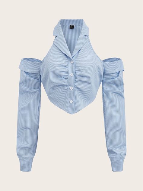 Blue and White Casual Collar Long Sleeve Polyester Striped Shirt Embellished Non-Stretch  Women Tops, Blouses & Tee Shein Tops Shirts, Blue And White Outfit, Shein Blouse, Madison Beer Outfits, Neat Casual Outfits, Cold Shoulder Shirt, Fashion Design Patterns, Off Shoulder Shirt, Trendy Fashion Tops