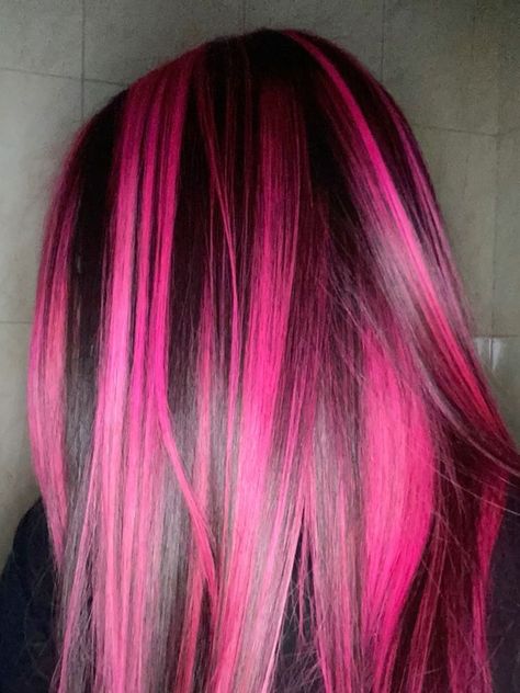 Pink Hair Streaks, Skunk Hair, Pink And Black Hair, Pink Hair Dye, Hot Pink Hair, Hair Color Streaks, Dyed Hair Inspiration, Hair Streaks, Pretty Hair Color