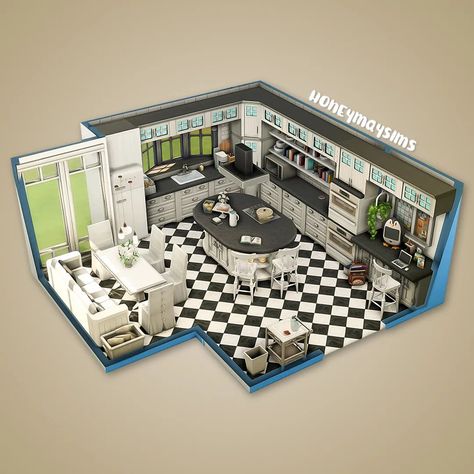 Sims Big Kitchen Ideas, Sims 4 Lounge Room Ideas, Sims 4 Room Ideas Kitchens, Big Gaming Room, Sims 4 Kitchen Ideas Base Game, Sims4 Kitchen Ideas, Lounge Sims 4, Sims 4 Butler, Sims Kitchen