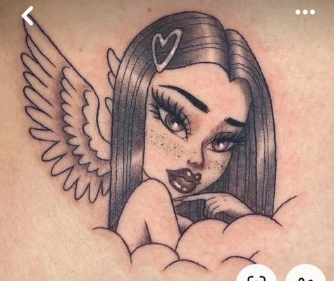 Two Women Tattoo Design, 3x3 Tattoos Ideas Simple, Bratz Angel Tattoo, Eyebrow Tattoos For Women, Bratz Doll Tattoo, Girly Tattoo Designs, Bratz Tattoo, Thigh Piece Tattoos, Halo Tattoo