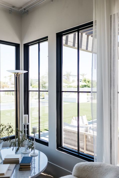 Modern Black Frame Windows, Images Of Windows, Black Transom Windows, Long Black Windows Exterior, Black Window And Door Frames, Window Grids Styles Modern, Colonial Grid Windows, Contemporary Black Windows, Large Black Framed Windows