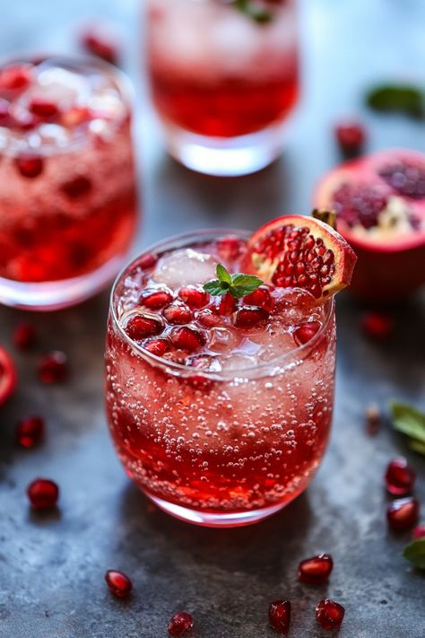 A refreshing pomegranate cocktail garnished with pomegranate seeds and a mint sprig. Fizzy Juice Recipe, Pomegranate Syrup Uses, Pomegranate Spritzer, Fresh Pomegranate Juice, Sparkling Water Recipes, Sparkling Water Drinks, Pomegranate Syrup, Fizzy Drinks, Party Punch Recipes