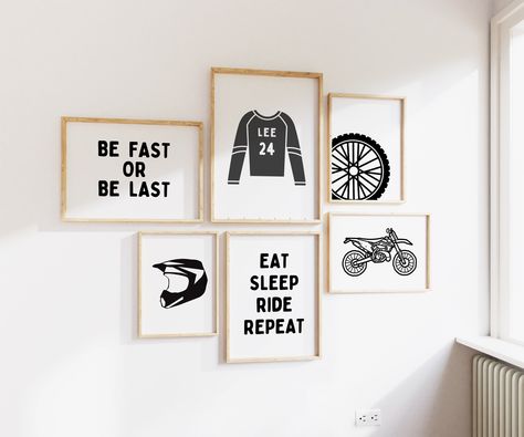 Personalized Name Dirt Bike BMX Modern Gallery Wall Set of 6 Downloadable Prints, Sport Boy Nursery Decor, Quote Play Wall Art, Printable by RainbowshineDesign on Etsy Dirt Bike Bedroom, Dirt Bike Room, Play Wall, Boy Nursery Decor, Bike Room, Teen Boy Room, Modern Gallery Wall, Downloadable Prints, Big Boy Room