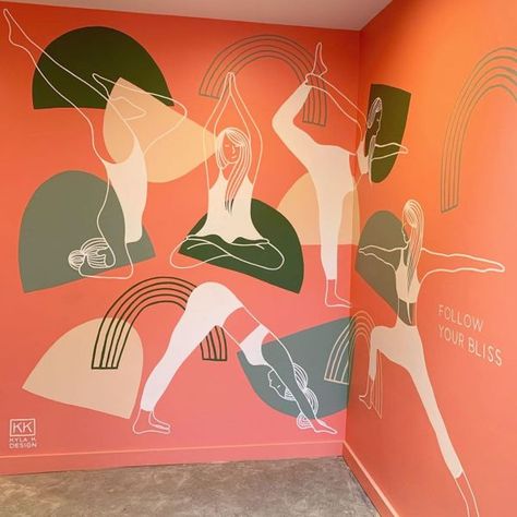 Yoga Studio Wall Mural, Gym Mural Ideas, Yoga Studio Mural, Gym Mural, Indoor Mural, Follow Your Bliss, Doodle Wall, K Design, Yoga Studio Design