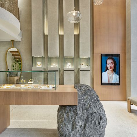 JUDE BENHALIM OPENS NEW FLAGSHIP STORE IN NEW CAIRO - FLAIR MAGAZINE Jewellery Store Interior, Jewelry Interior Design, Cement Interior, Flair Magazine, Modern Jewelry Store, Event Booth Design, Jewelry Store Interior, Luxury Jewelry Store, New Cairo