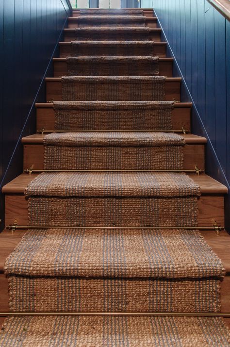 How to Install a Stair Runner and Rods - Chris Loves Julia Woven Stair Runner, Diy Stair Rods, Persian Stair Runner, Diy Runner On Stairs, Patterned Stair Runner, Stair Runner With Rods, Stair Runner Diy, Stair Tread Ideas, Jute Stair Runner