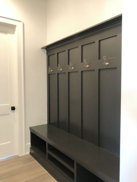 Gold Hooks Mudroom, Iron Ore Mudroom Bench, Iron Ore Mudroom Lockers, Mud Room Hook Wall, Iron Ore Entryway, Mud Room Coat Rack Ideas, Iron Ore Mudroom, Iron Ore Built Ins, Sw Iron Ore Cabinets