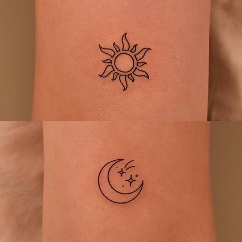 Sun And Moon Tattoos, Tato Salib, Tattoo Sonne, Luna Tattoo, Maching Tattoos, Cute Matching Tattoos, Matching Friend Tattoos, Moon Tattoos, Sun Tattoos