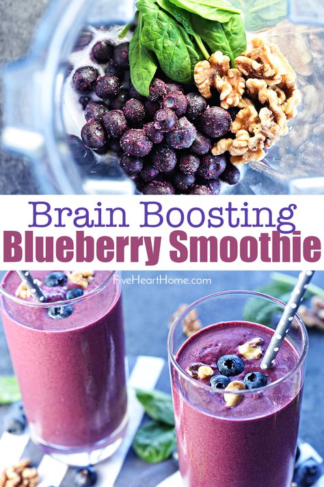 Blueberry Chia Smoothie, Blueberry Spinach Smoothie Recipe, Blueberry Smoothies Healthy, Brain Juice Recipe, Smoothies For Brain Health, Brain Healthy Foods Recipes, Walnut Smoothie Recipe, Brain Smoothie Recipes, B12 Smoothie