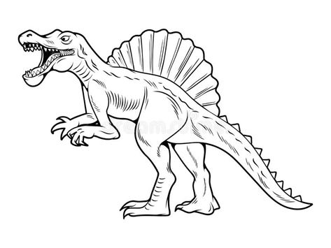 Spinosaurus big dangerous dino dinosaur. Cartoon character illustration drawing engraving ink line art vector. Isolated white background for print design t royalty free illustration Running Dinosaur, Ink Line Art, Cartoon Character Illustration, Flamingo Vector, Iron Man Symbol, Dinosaur Cartoon, Emoji Set, Dinosaur Drawing, Dinosaur Illustration