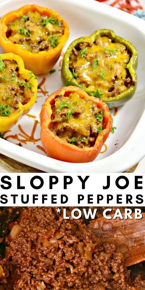 Carb Free Hamburger Recipes, Healthy Dinner Recipe For Diabetics, Easy Delicious Low Carb Dinners, Easy Hardy Meals, Sloppy Joe Peppers, Sloppy Joe Stuffed Bell Peppers, Hamburger Stuffed Bell Peppers, Low Carb Stuffed Bell Peppers Beef, Sloppy Joe Casserole Keto