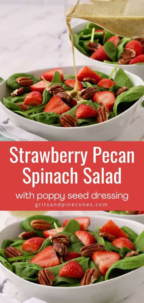 Plan a delicious lunch or dinner salad with this recipe for spinach salad with strawberries and pecans. It's quick to make in 10 minutes and this spinach salad is loaded with sweet strawberries and crunchy pecans tossed with a creamy and tangy lemon poppy seed dressing. Spinach Strawberry Pecan Salad, Salad With Poppy Seed Dressing, Salad With Strawberries And Pecans, Strawberry Spinach Salad Dressing, Spinach Strawberry Salad Recipes, Strawberry Salads, Strawberry Spinach Salad With Poppyseed, Strawberry Spinach Salad, Spinach Salad Recipes Easy