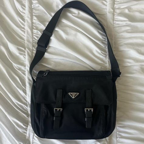 #Prada “Re-nylon shoulder bag” Prada Messenger bag... - Depop Prada Messenger Bag, Shoulder Bag Prada, Bag Closet, Closet Cleanout, Bag Prada, Black Streetwear, Accessories Bags Purses, Birthday Present, Ipad Pro