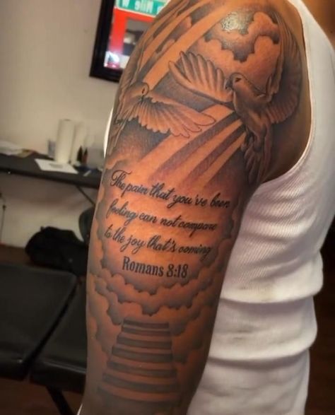 Bible Verse Tattoos For Men Shoulder, Forearm Half Sleeve Tattoos, Top Of Forearm Tattoo, Rip Tattoos For Men, Upper Shoulder Tattoo Men, Upper Shoulder Tattoo Men Ideas, Upper Arm Tattoos For Guys, Star Sleeve Tattoo, Upper Shoulder Tattoo